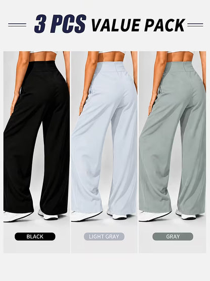 Pack of 3 Comfortable Wide-Leg Pants – Sage Green, White & Black