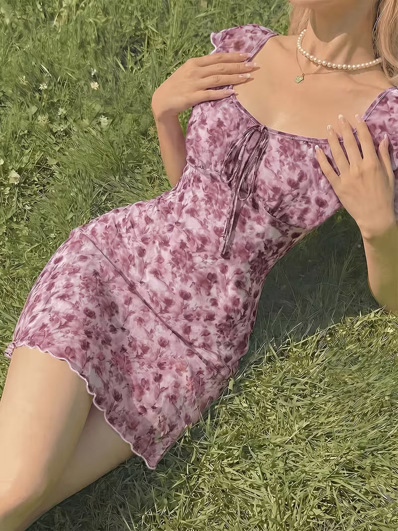 Lavender Floral Ruched Midi Dress