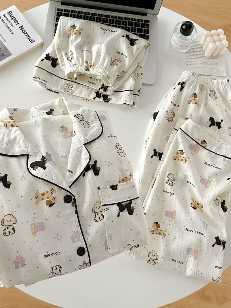 Women’s Set of 3 Cute Cartoon Puppy Print Pajama Sets – Short Sleeve Button-Up Sleepwear