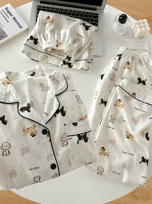 Women’s Set of 3 Cute Cartoon Puppy Print Pajama Sets – Short Sleeve Button-Up Sleepwear
