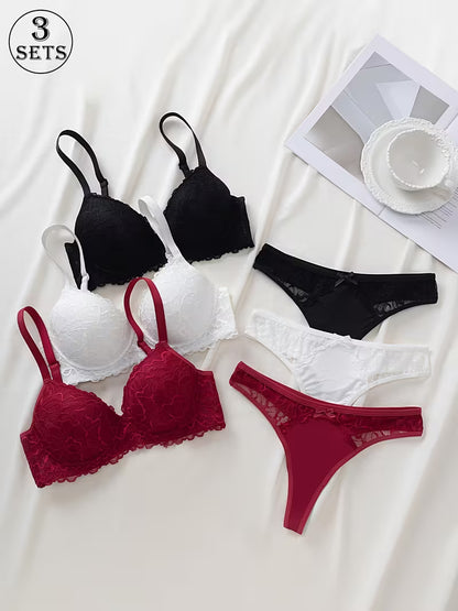 3-Piece Lace Bra & Panty Set for Women – Black, White & Burgundy