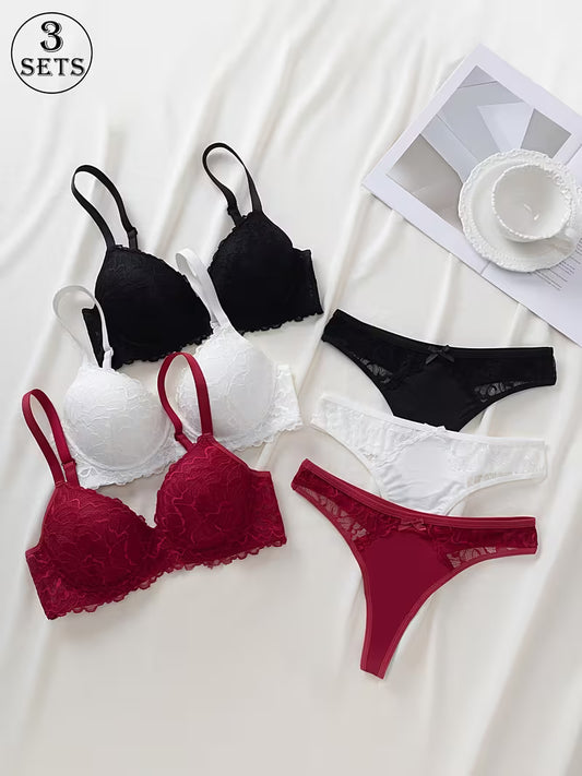 3-Piece Lace Bra & Panty Set for Women – Black, White & Burgundy