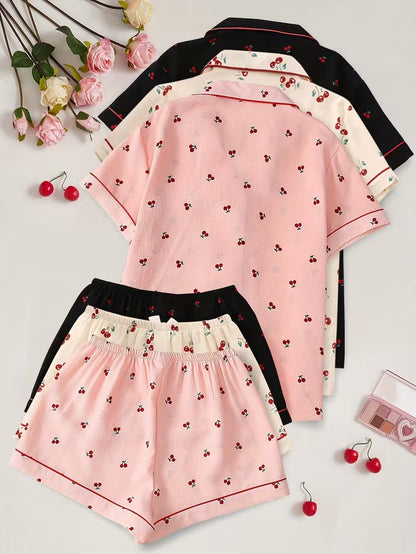 Women’s Cherry Print Soft Textured Short Pajama Set – (SET OF 3)
