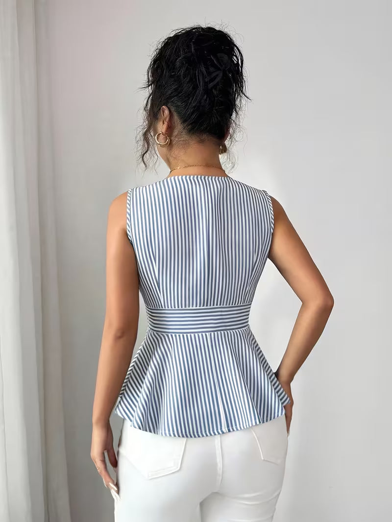 Blue & White Striped Button-Front Peplum Top