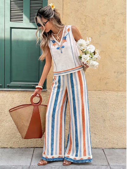 Santorini Striped Embroidered Co-Ord Set – Multicolor
