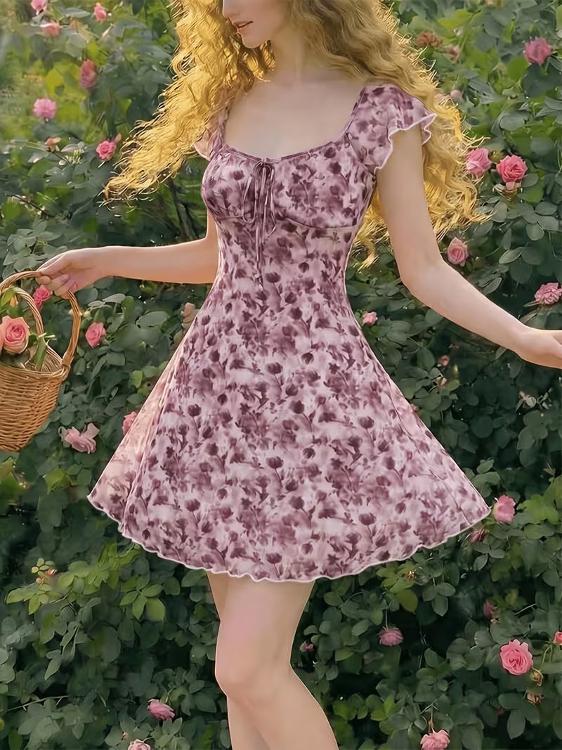 Lavender Floral Ruched Midi Dress