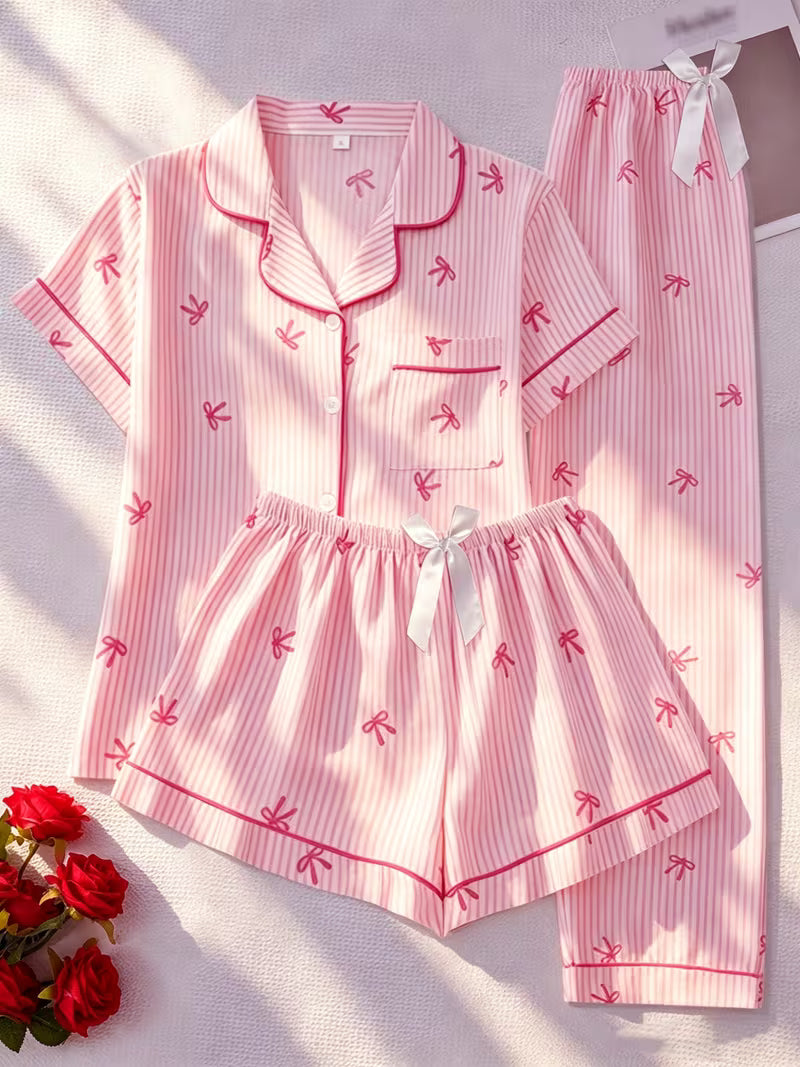 Women’s Pink Bow Print Striped Pajama Set – Short Sleeve Button-Up Top & Shorts