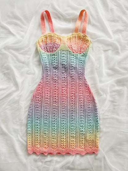 Pastel Rainbow Crochet Knit Spaghetti Strap Maxi Dress