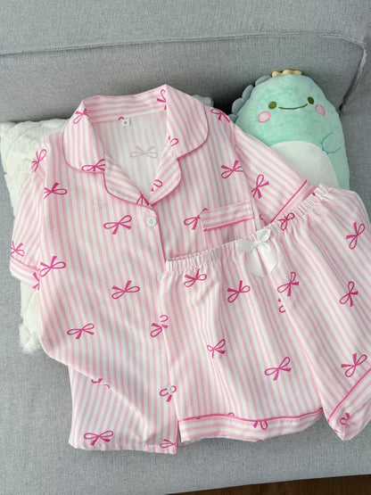 Women’s Pink Bow Print Striped Pajama Set – Short Sleeve Button-Up Sleepwear