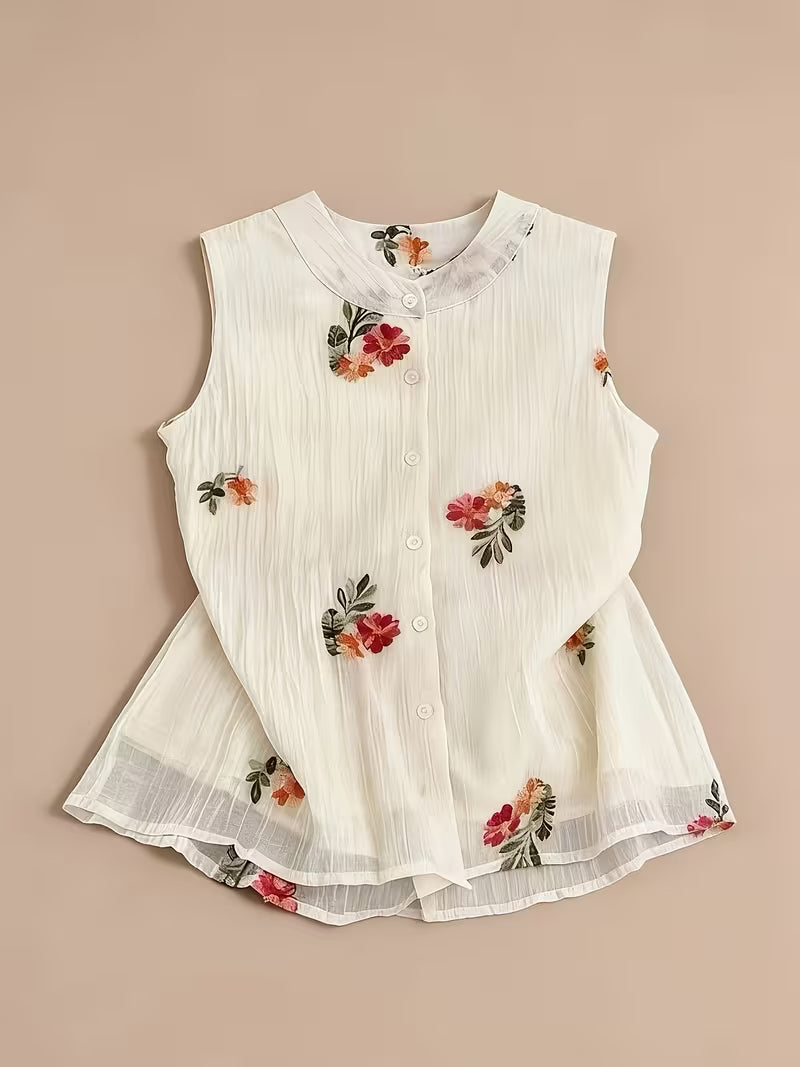 Floral Button-Down Cotton Sleeveless Top