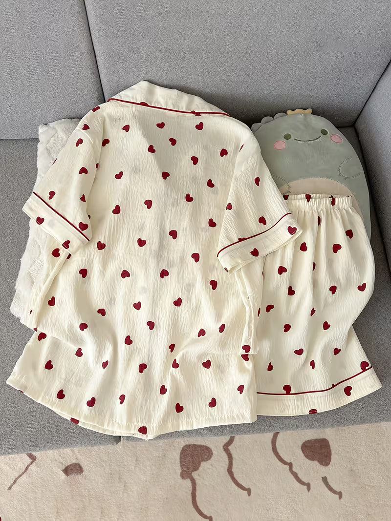 Women’s Red Heart Print Pajama Set – Short Sleeve Button-Up Sleepwear