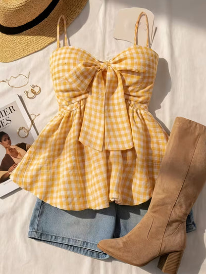 Yellow Gingham Bow-Tie Peplum Cami Top