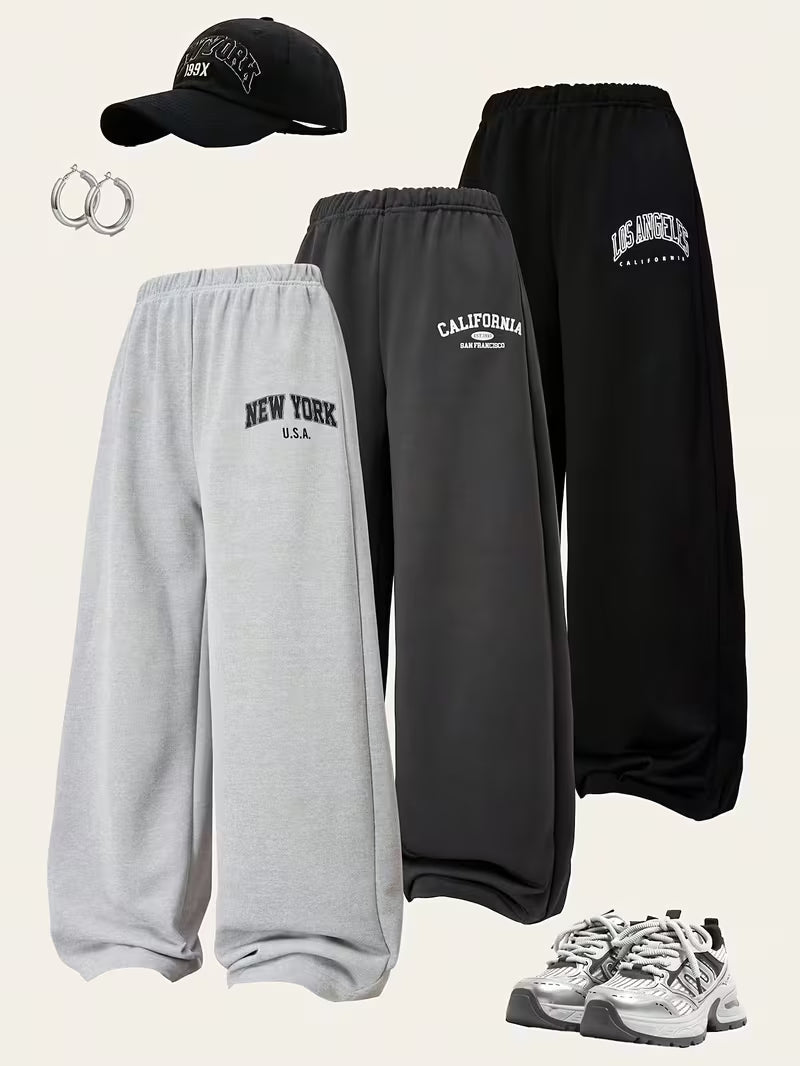 Women’s Oversized Wide-Leg Jogger Pants – Pack of 3 | New York, California & Los Angeles Print