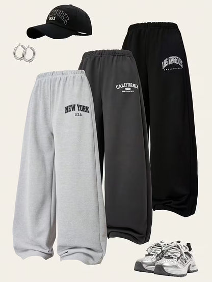 Women’s Oversized Wide-Leg Jogger Pants – Pack of 3 | New York, California & Los Angeles Print