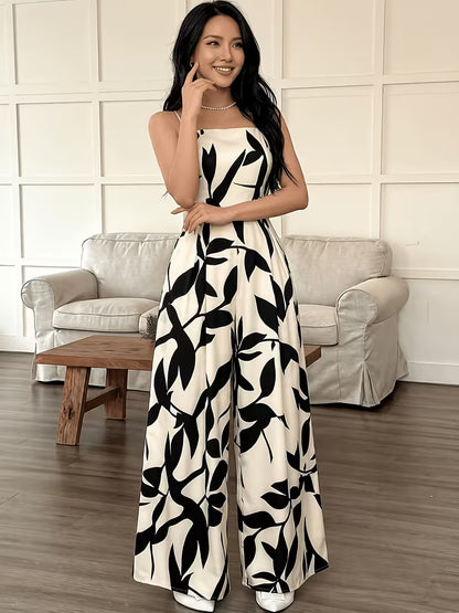 Women’s Black & White Botanical Print Wide-Leg Jumpsuit