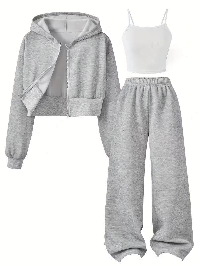 Grey Cozy 3-Piece Lounge Set with Cropped Hoodie