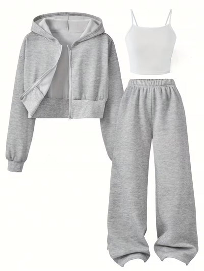 Grey Cozy 3-Piece Lounge Set with Cropped Hoodie