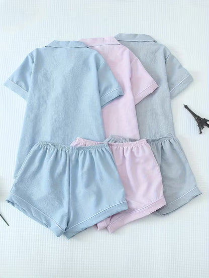 Women’s Soft Textured Short Pajama Set – Premium Collared Loungewear