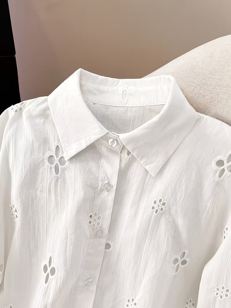 Women’s White Floral Eyelet Embroidery Button-Down Shirt