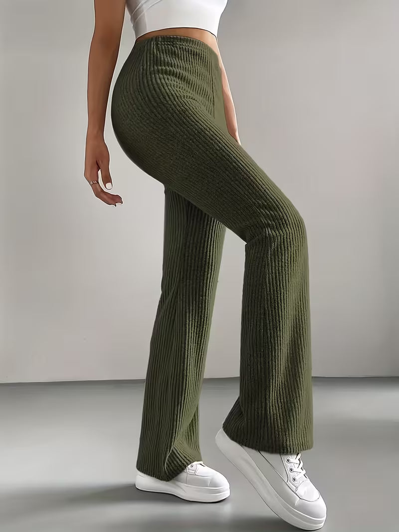 Women’s Ribbed High-Waist Stretch Flared Pants – Comfortable Wide-Leg Fit