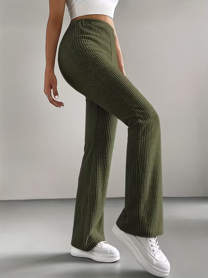 Women’s Ribbed High-Waist Stretch Flared Pants – Comfortable Wide-Leg Fit