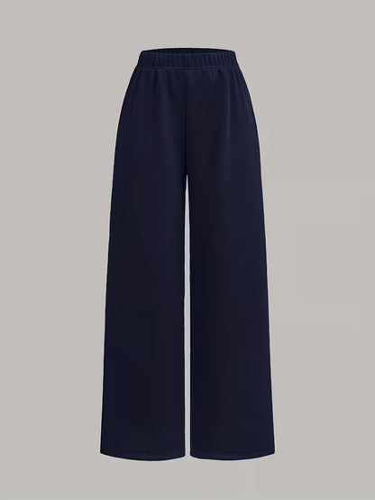 Women’s Navy Blue Cropped Sweatshirt & Wide-Leg Pants 3-Piece Co-Ord Set