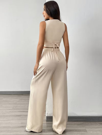 Women’s Beige Sleeveless Button-Front Vest & Wide-Leg Pants Set