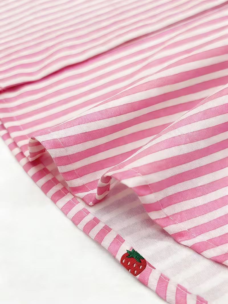 Women’s Pink Striped Strawberry Print Button-Down Shirt