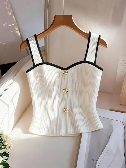 White Ribbed Button-Front Bustier Cami Top