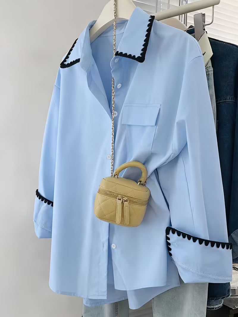 Women’s Light Blue Contrast Trim Button-Down Shirt