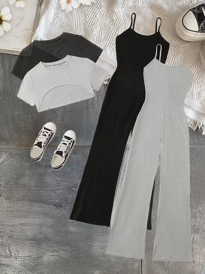 Women’s 4-Piece Crop Top & Wide-Leg Jumpsuit Set