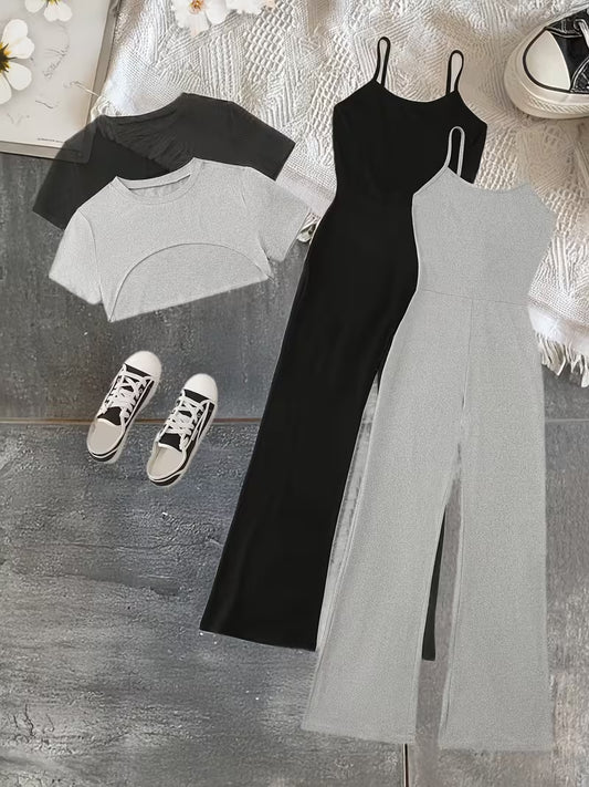 Women’s 4-Piece Crop Top & Wide-Leg Jumpsuit Set