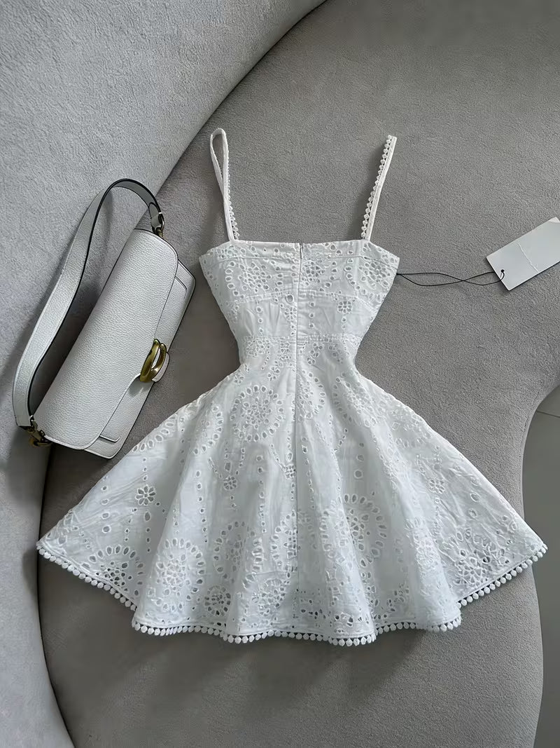 White Eyelet Embroidered Flare Dress