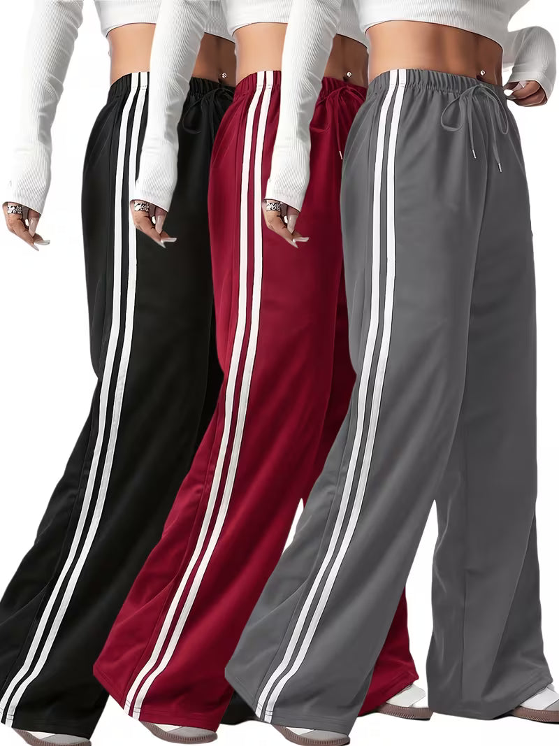 Women’s Contrast Stripe Wide-Leg Track Pants – Pack of 3