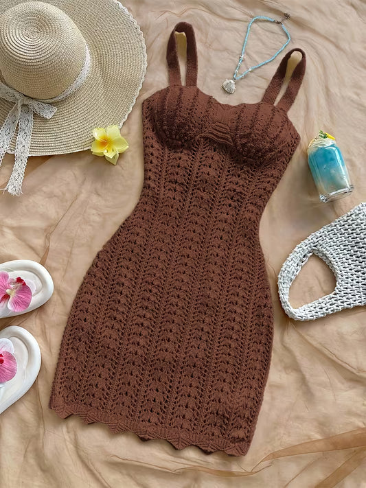 Chocolate Brown Crochet Knit Spaghetti Strap Maxi Dress