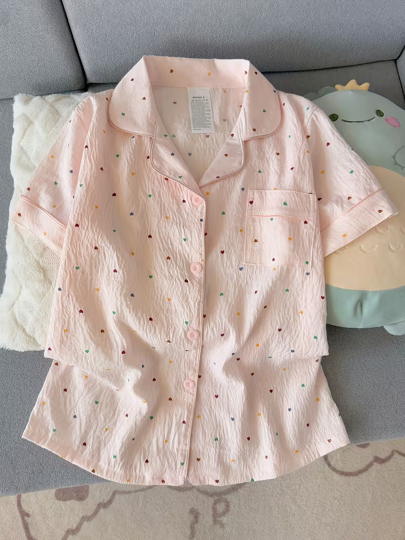 Women’s Heart Print Pajama Set – Short Sleeve Button-Up Sleepwear