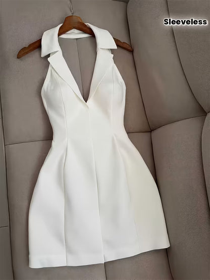 White Sleeveless Notched Collar A-Line Dress