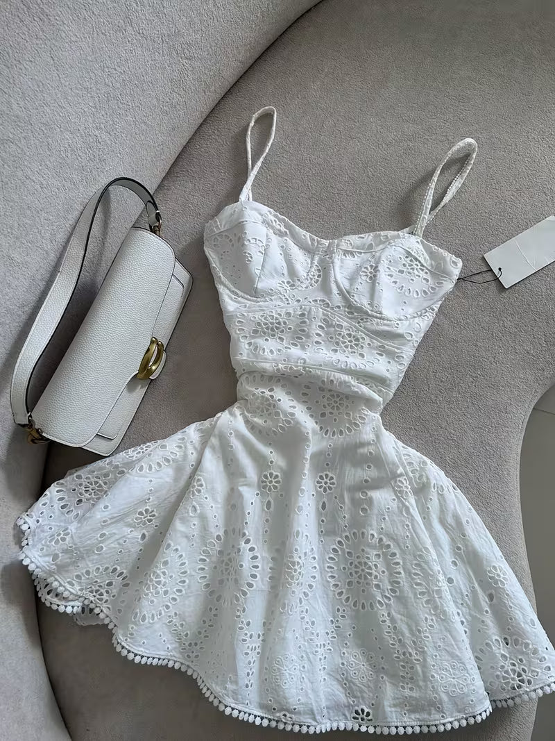 White Eyelet Embroidered Flare Dress