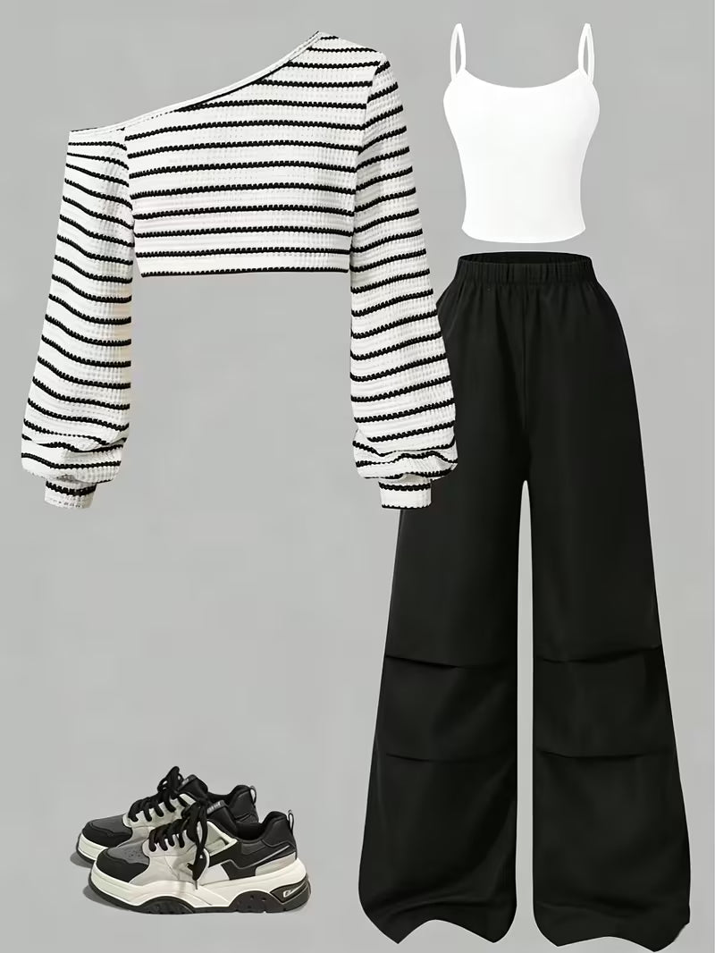Women’s Black & White Striped Co-Ord Set with Wide-Leg Pants