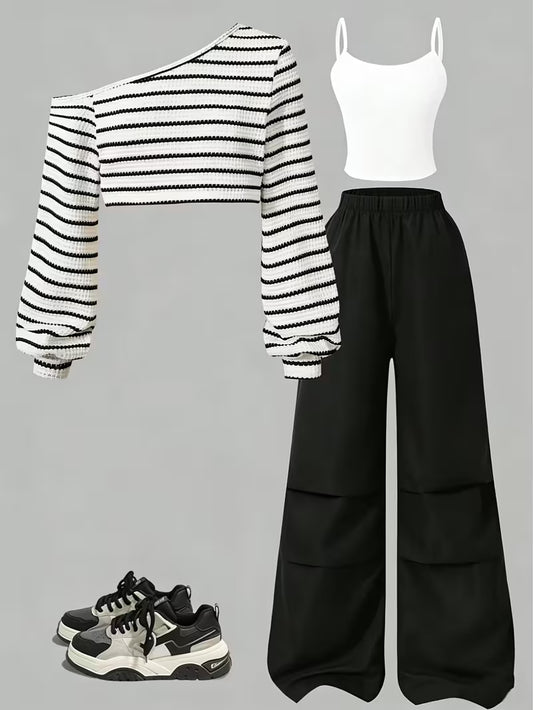 Women’s Black & White Striped Co-Ord Set with Wide-Leg Pants