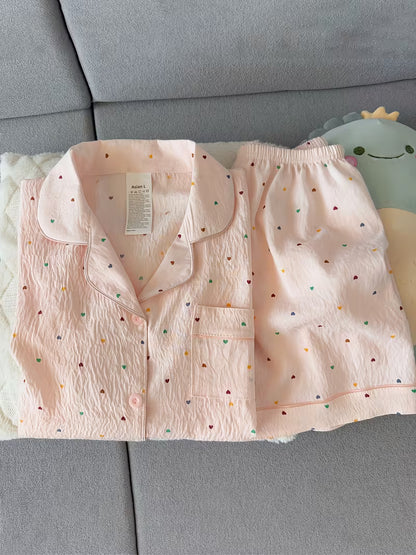 Women’s Heart Print Pajama Set – Short Sleeve Button-Up Sleepwear