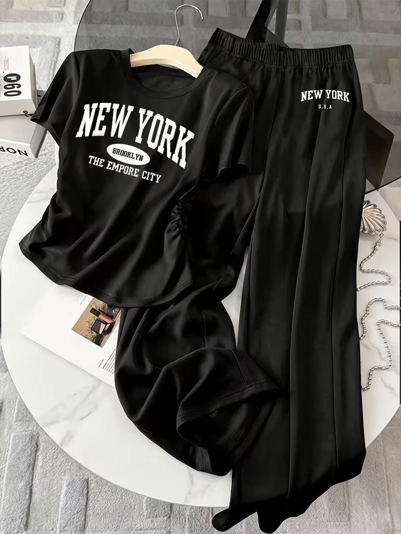 Women's New York Satin T-Shirt & Wide-Leg Pants Co-Ord Set