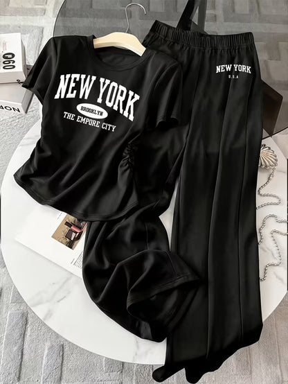 Women's New York Satin T-Shirt & Wide-Leg Pants Co-Ord Set