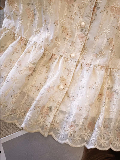 Floral Embroidered Puff Sleeve Peplum Top