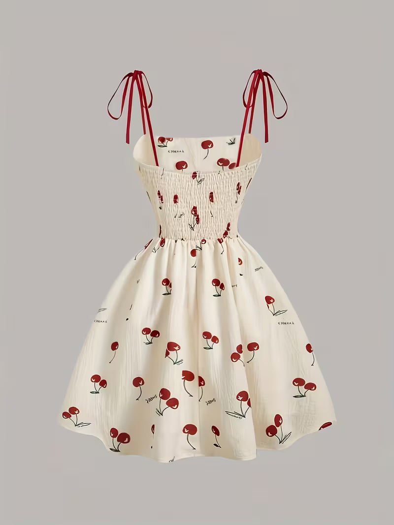 Cherry Print Tie-Strap Mini Dress