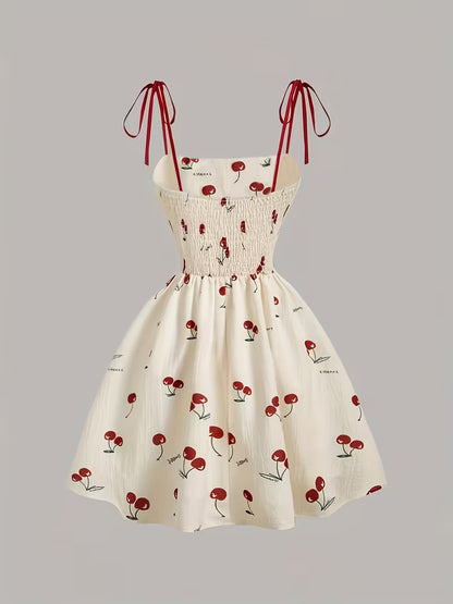 Cherry Print Tie-Strap Mini Dress
