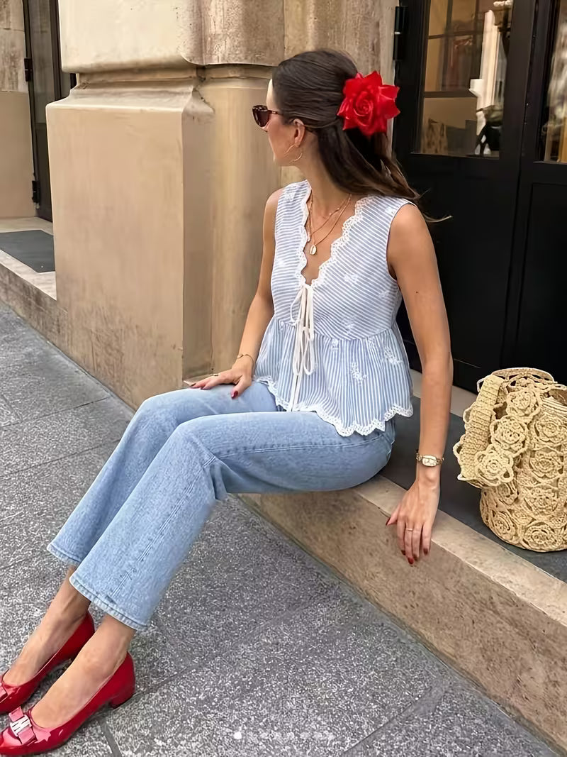 Women’s Blue Striped Lace Trim Sleeveless Peplum Top