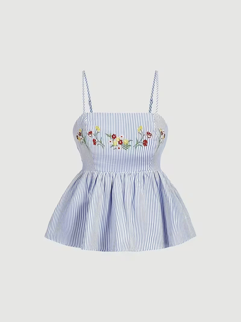 Embroidered Striped Peplum Cami Top