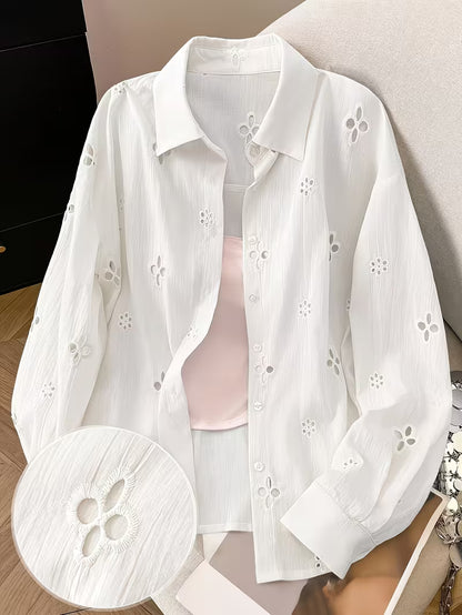 Women’s White Floral Eyelet Embroidery Button-Down Shirt