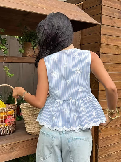 Women’s Blue Striped Lace Trim Sleeveless Peplum Top